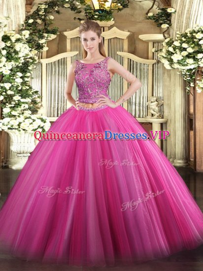 Custom Fit Hot Pink Tulle Lace Up 15 Quinceanera Dress Sleeveless Floor Length Beading - Click Image to Close