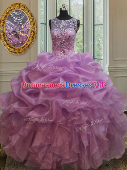 Romantic Scoop See Through Sleeveless Organza Floor Length Lace Up Quinceanera Gown in Lilac with Beading and Ruffles - Click Image to Close