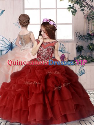Amazing Sleeveless Floor Length Beading and Pick Ups Lace Up Custom Made Pageant Dress with Red
