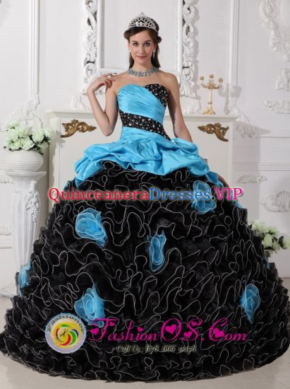 Linkoping Sweden Beaded Decorate and Hand Made Flowers Customize Black and Aque Blue Ruffles Quinceanera Gowns - Click Image to Close