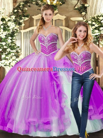 Sleeveless Tulle Floor Length Lace Up Quinceanera Gowns in Lilac with Beading - Click Image to Close