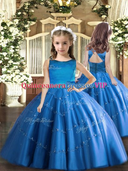 Blue Scoop Lace Up Beading Glitz Pageant Dress Sleeveless - Click Image to Close