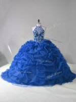 Sleeveless Beading and Pick Ups Lace Up Sweet 16 Dresses with Blue Court Train