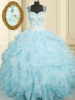 Sexy Baby Blue Lace Up Quinceanera Gowns Beading and Ruffles Sleeveless Floor Length