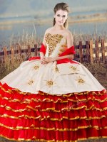 Graceful Sweetheart Sleeveless Sweet 16 Dresses Floor Length Beading and Ruffled Layers White And Red Organza(SKU XBQD163BIZ)