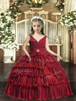 Elegant Red Ball Gowns V-neck Sleeveless Floor Length Backless Beading and Ruffled Layers Child Pageant Dress