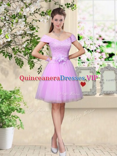 Affordable Cap Sleeves Tulle Knee Length Lace Up Dama Dress in Lilac with Lace and Belt - Click Image to Close