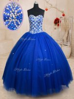 Flare Royal Blue Tulle Lace Up Quinceanera Gowns Sleeveless Floor Length Beading