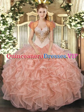 Custom Designed Peach Sleeveless Beading and Ruffles Floor Length 15th Birthday Dress