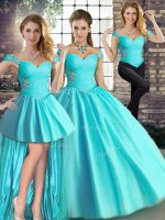 Custom Design Three Pieces Sweet 16 Quinceanera Dress Aqua Blue Off The Shoulder Tulle Sleeveless Floor Length Lace Up