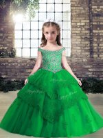 Tulle Off The Shoulder Sleeveless Lace Up Beading and Lace and Appliques Custom Made Pageant Dress in Green