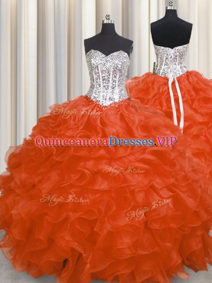 Red Organza Lace Up 15th Birthday Dress Sleeveless Floor Length Beading and Ruffles - Click Image to Close