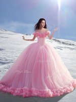 Pretty Rose Pink Off The Shoulder Neckline Hand Made Flower Sweet 16 Dresses Cap Sleeves Lace Up(SKU YCQD094BIZ)