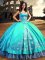 Hot Selling Aqua Blue Sweetheart Neckline Embroidery Quince Ball Gowns Sleeveless Lace Up