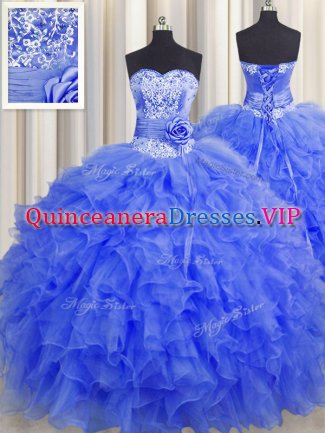 Handcrafted Flower Sleeveless Floor Length Beading and Ruffles and Hand Made Flower Lace Up Quinceanera Dresses with Royal Blue