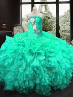 Most Popular Organza Strapless Sleeveless Lace Up Embroidery and Ruffles Quinceanera Dress in Turquoise