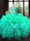 Most Popular Organza Strapless Sleeveless Lace Up Embroidery and Ruffles Quinceanera Dress in Turquoise