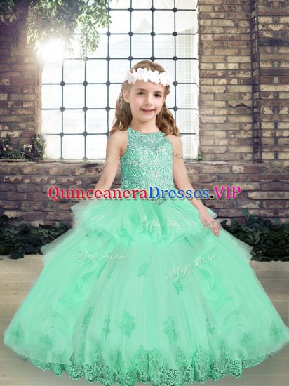 Apple Green Ball Gowns Tulle Scoop Sleeveless Lace and Appliques Floor Length Lace Up Little Girl Pageant Dress - Click Image to Close