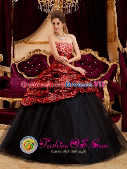 Zebra and Tulle Hand Made Flowers And Beading Decorate Exquisite Red and Black Quinceanera Dress In Elberta Alabama/AL Strapless Ball Gown - Click Image to Close