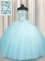Fancy Really Puffy Aqua Blue Ball Gowns Tulle Strapless Sleeveless Beading and Sequins Floor Length Lace Up 15th Birthday Dress