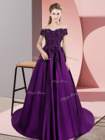 Off The Shoulder Sleeveless Satin Quinceanera Gown Appliques Court Train Zipper