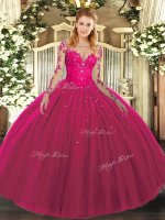 Smart Floor Length Ball Gowns Long Sleeves Hot Pink Sweet 16 Dresses Lace Up