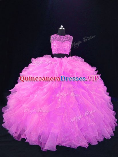 Perfect Scoop Sleeveless Quinceanera Gown Floor Length Beading and Ruffles Pink Organza - Click Image to Close