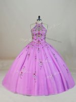 Unique Lilac Halter Top Neckline Appliques and Embroidery Sweet 16 Quinceanera Dress Sleeveless Lace Up