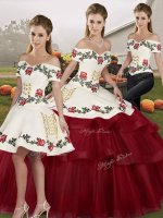Lace Up 15 Quinceanera Dress Wine Red for Military Ball and Sweet 16 and Quinceanera with Embroidery and Ruffled Layers Brush Train(SKU SJQDDT2139007BIZ)