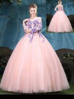Baby Pink Lace Up Scoop Appliques 15 Quinceanera Dress Tulle Long Sleeves