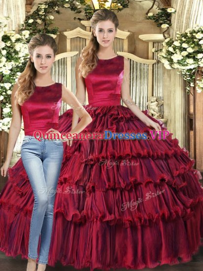 Delicate Wine Red Two Pieces Organza Scoop Sleeveless Ruffled Layers Floor Length Lace Up 15 Quinceanera Dress - Click Image to Close