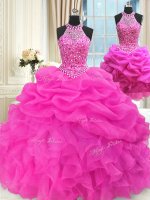 Three Piece Floor Length Hot Pink Quince Ball Gowns Organza Sleeveless Beading and Pick Ups