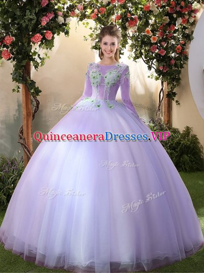 Deluxe Lavender Lace Up Scoop Appliques Vestidos de Quinceanera Tulle 3 4 Length Sleeve - Click Image to Close