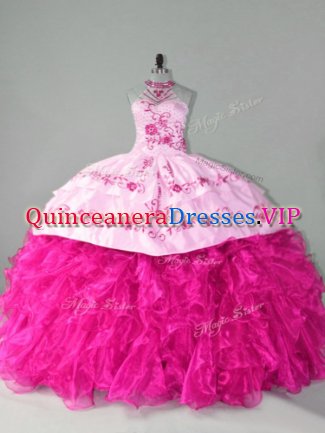 Most Popular Hot Pink Quinceanera Dress Organza Court Train Sleeveless Embroidery and Ruffles