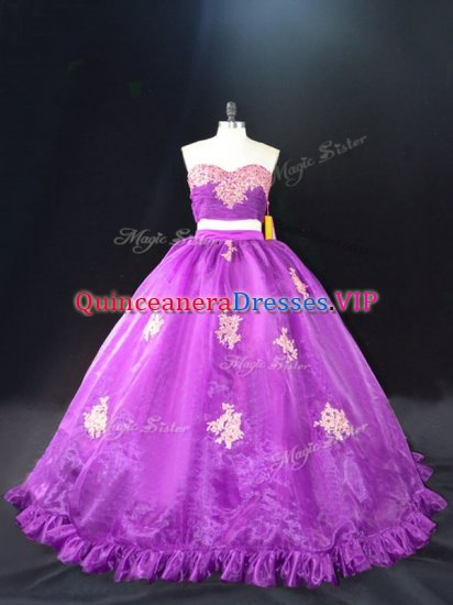 Glittering Purple Sleeveless Organza Brush Train Zipper 15 Quinceanera Dress for Sweet 16 and Quinceanera - Click Image to Close