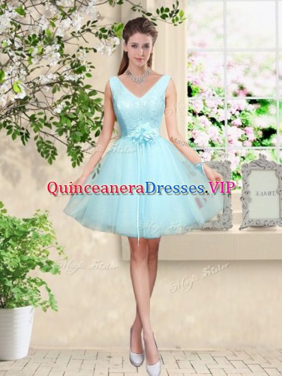 Custom Design Aqua Blue V-neck Lace Up Lace and Belt Dama Dress for Quinceanera Sleeveless - Click Image to Close