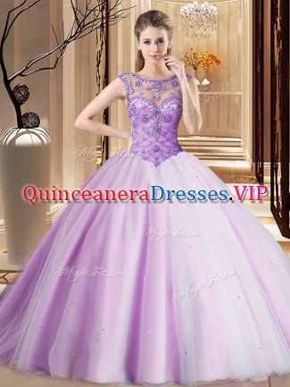Fantastic Scoop Lavender Quince Ball Gowns Tulle Brush Train Sleeveless Beading