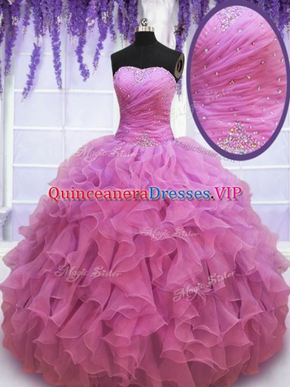 Floor Length Lace Up Quince Ball Gowns Lilac for Military Ball and Sweet 16 and Quinceanera with Beading and Ruffles - Click Image to Close