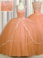 See Through Back Orange Cap Sleeves Tulle Brush Train Zipper Military Ball Gowns for Military Ball and Sweet 16 and Quinceanera