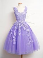 New Arrival Lavender A-line V-neck Sleeveless Tulle Knee Length Lace Up Lace Dama Dress