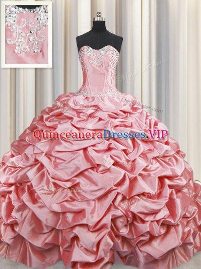 Pick Ups Brush Train Ball Gowns Quince Ball Gowns Baby Pink Sweetheart Taffeta Sleeveless Lace Up - Click Image to Close