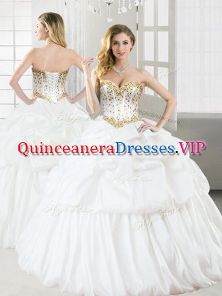 Fitting White Taffeta Lace Up Sweet 16 Dresses Sleeveless Floor Length Beading and Pick Ups