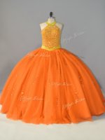 Artistic Ball Gowns Sweet 16 Quinceanera Dress Orange Halter Top Tulle Sleeveless Floor Length Lace Up
