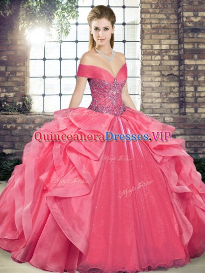 Simple Off The Shoulder Sleeveless Organza Quinceanera Gown Beading and Ruffles Lace Up - Click Image to Close