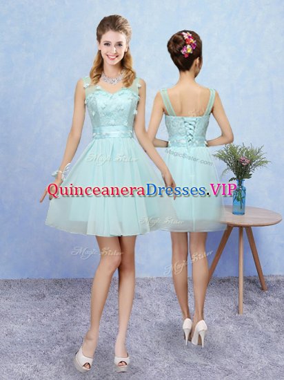 Aqua Blue Damas Dress Prom and Party with Appliques Straps Sleeveless Lace Up - Click Image to Close