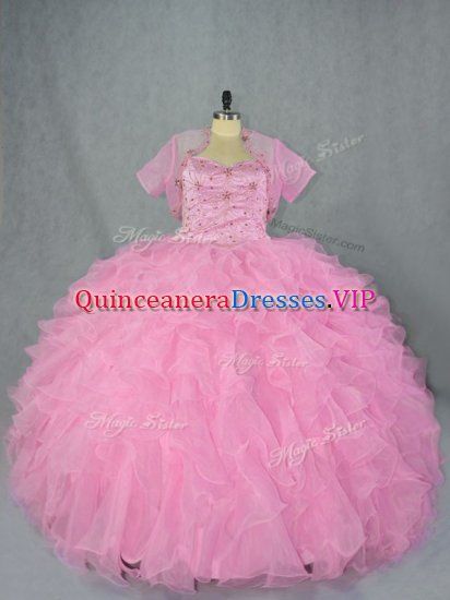 Hot Selling Sleeveless Floor Length Beading and Ruffles Lace Up Quince Ball Gowns with Baby Pink - Click Image to Close