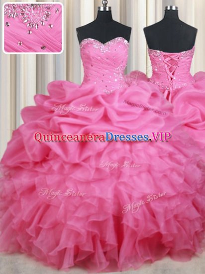 Organza Sweetheart Sleeveless Lace Up Beading and Ruffles and Pick Ups Military Ball Dresses For Women in Rose Pink - Click Image to Close