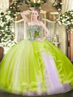 Sleeveless Tulle Floor Length Lace Up 15th Birthday Dress in Yellow Green with Beading and Ruffles