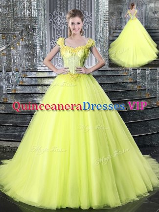Ideal Yellow Straps Lace Up Beading and Appliques Sweet 16 Quinceanera Dress Brush Train Sleeveless