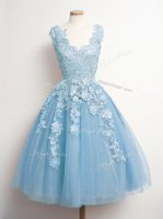 Artistic Sleeveless Knee Length Appliques Lace Up Dama Dress for Quinceanera with Light Blue